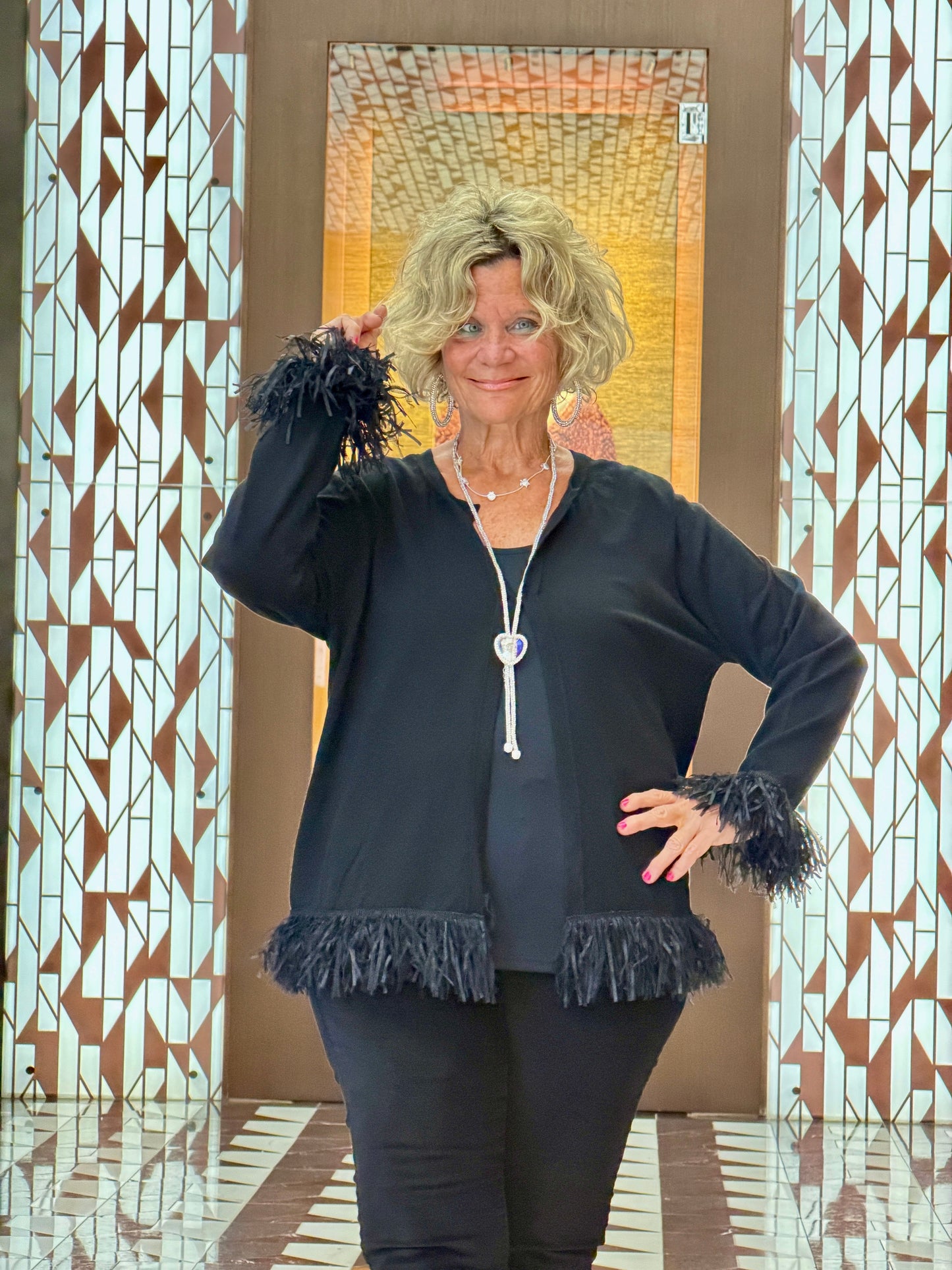LULU-B  BLACK CASHMERE FRINGE FANCY CARDIGAN