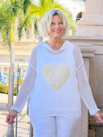 Fishnet Hoodie Sweater With Gold Heart - White