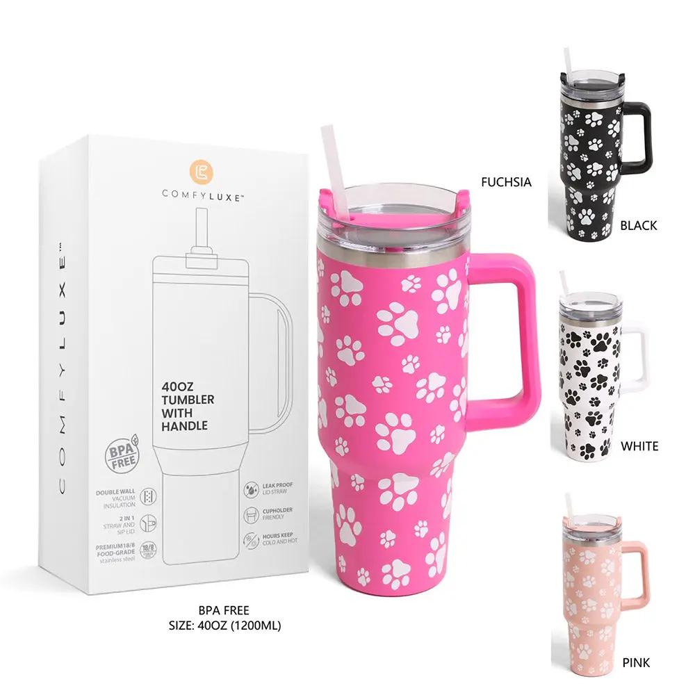 Dog Paw White Printed 40oz Stainless Steel Tumbler With Handle