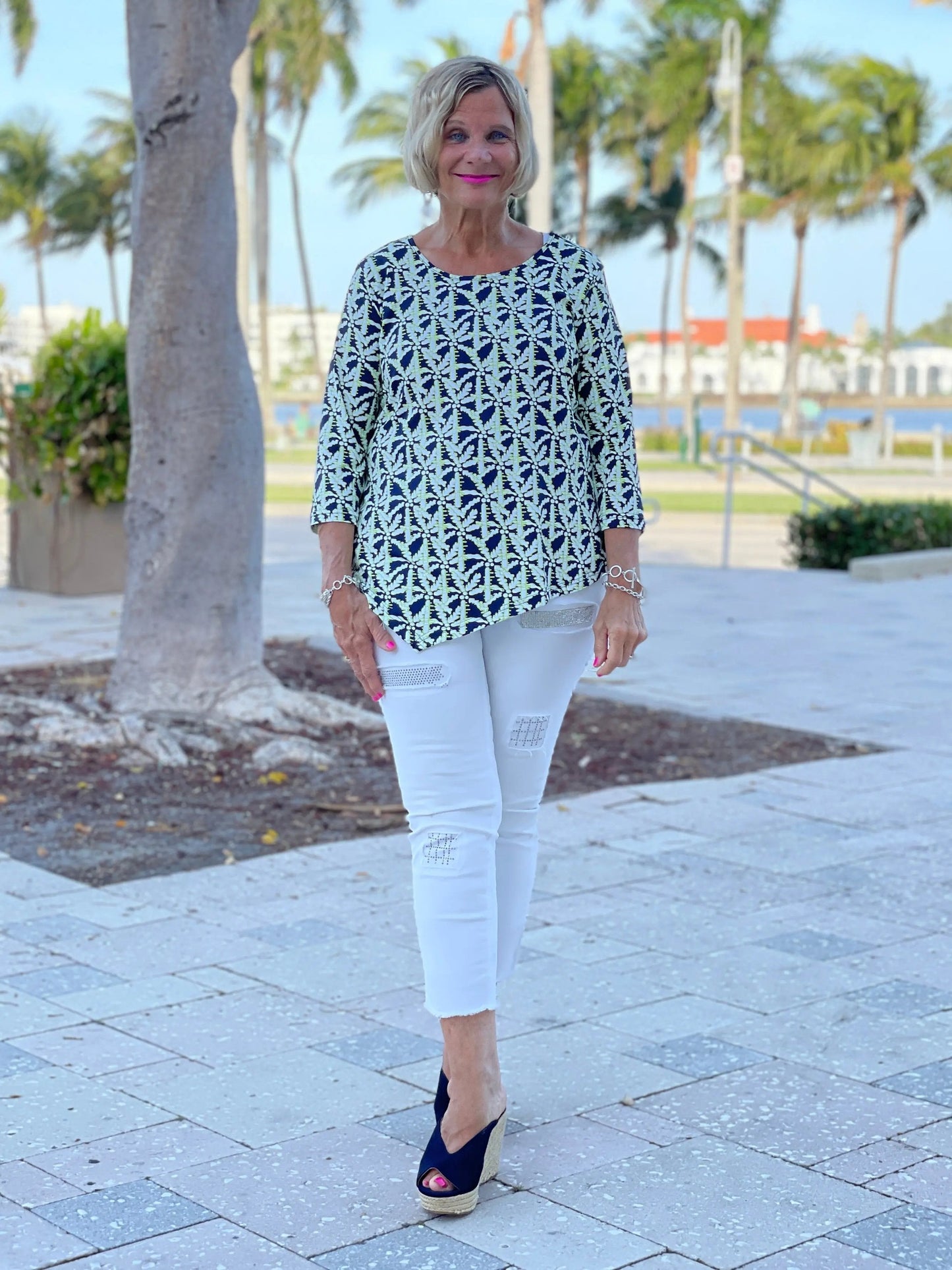 GREEN AND NAVY PALM ASYMMETRIC TOP