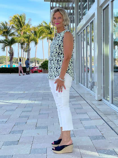 GREEN AND NAVY SLEEVELESS PALM TOP